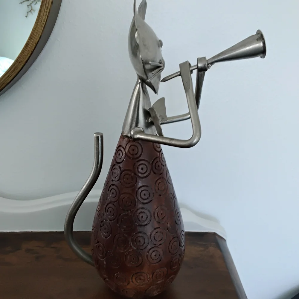 Pier 1 Wood And Metal Cat Figurine Playing Horn.
